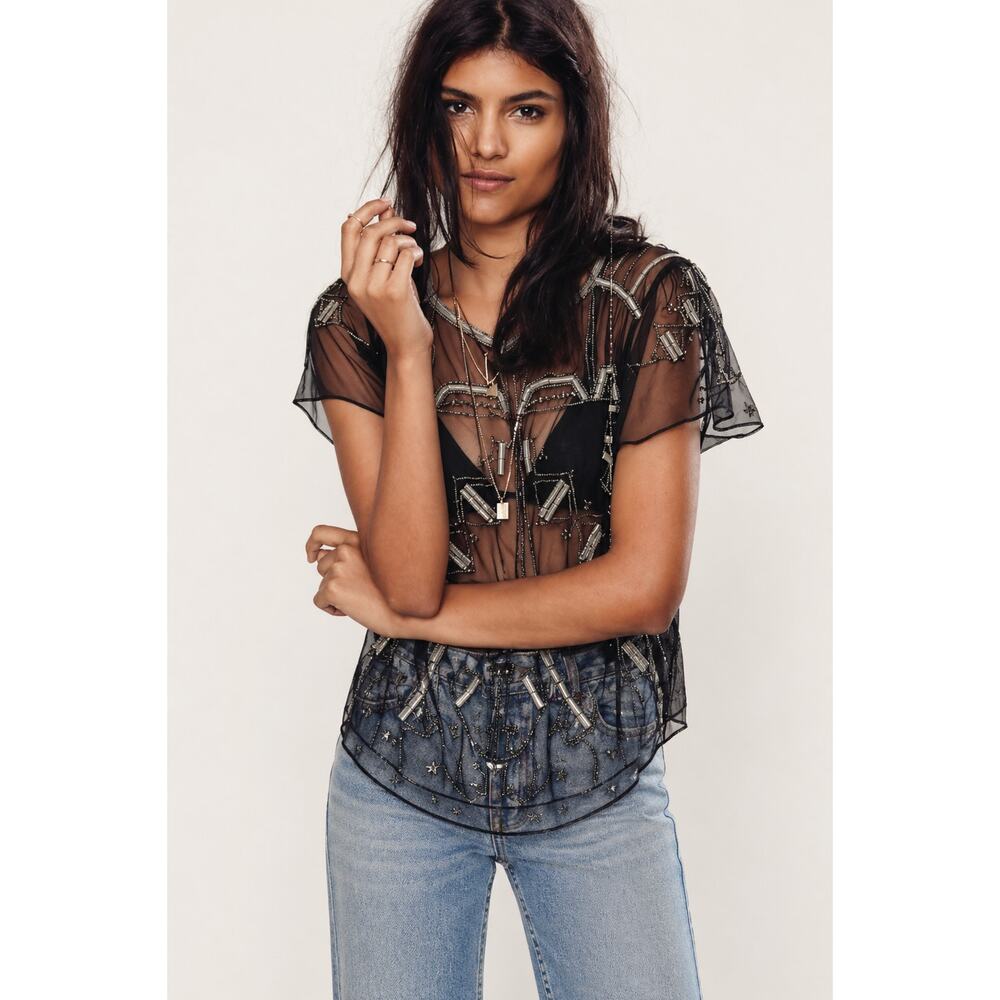 Free People Sheer Beaded Mesh Festival Top | Black Embroidered Y2K Boho Luxe